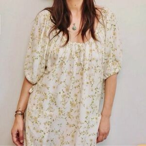 Odd bird cream and green floral print Puff Sleeve Nasip midi Dress size small
